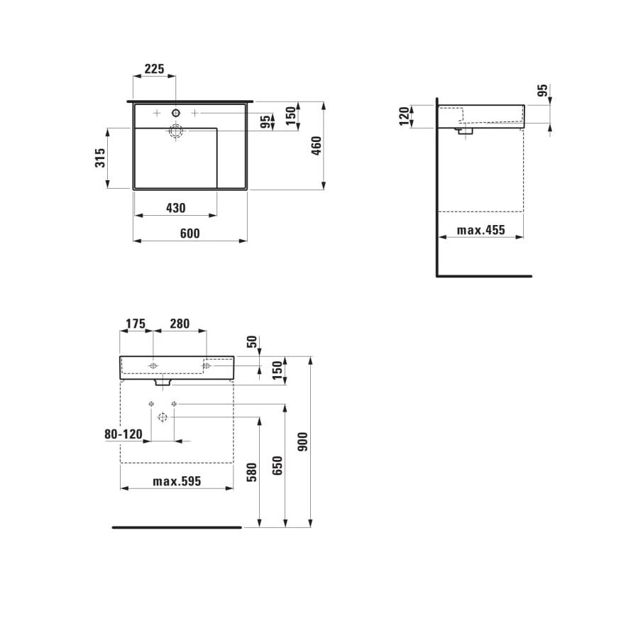 Laufen Kartell White umivaonik (lavabo) 60x46x12 konzolni i nadgradni sa rupom za bateriju, desnim zaravnjenjem i integrisanim odvodom 8.1033.4.000.111.1