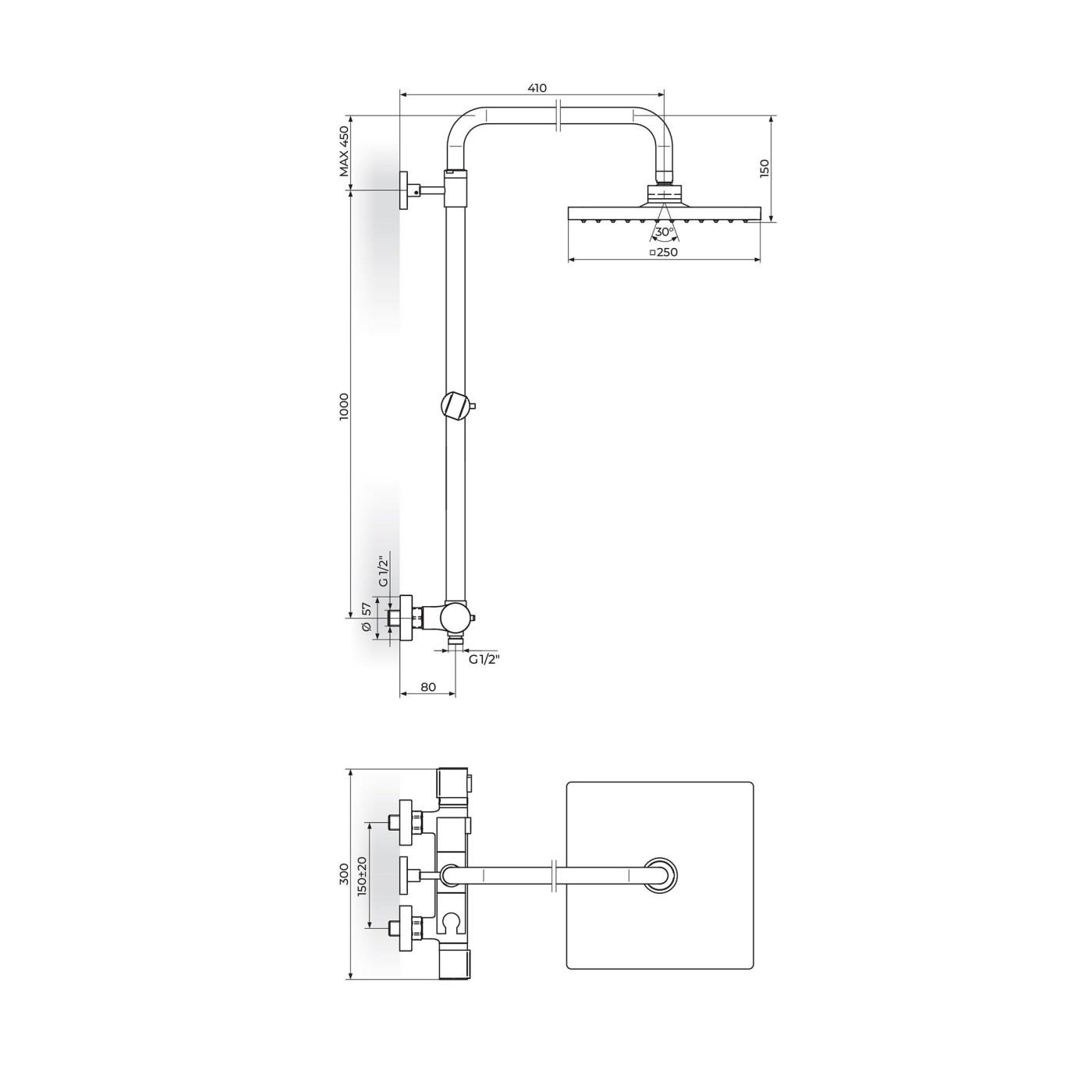 Rosan Stolz Thermo 250 Chrome kompletni tuš sistem termostatski sa ručnim tuš setom i četvrtastim nadglavnim tušem 1T37252