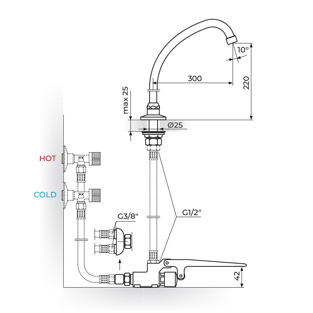 Rosan Public+ 220 Chrome baterija (slavina) sa pokretnim izlivom i pedalom sa automatskim zatvaranjem nakon 3 sekunde A75402MN3