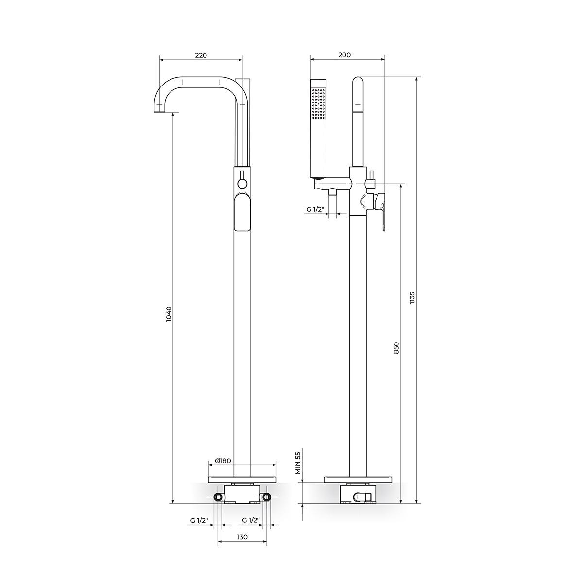 Rosan S2 Gold 1000 Brushed Gold samostojeća baterija (slavina) za kadu sa izlivom, ručnim tuš setom i ugradnom jedinicom 233109G