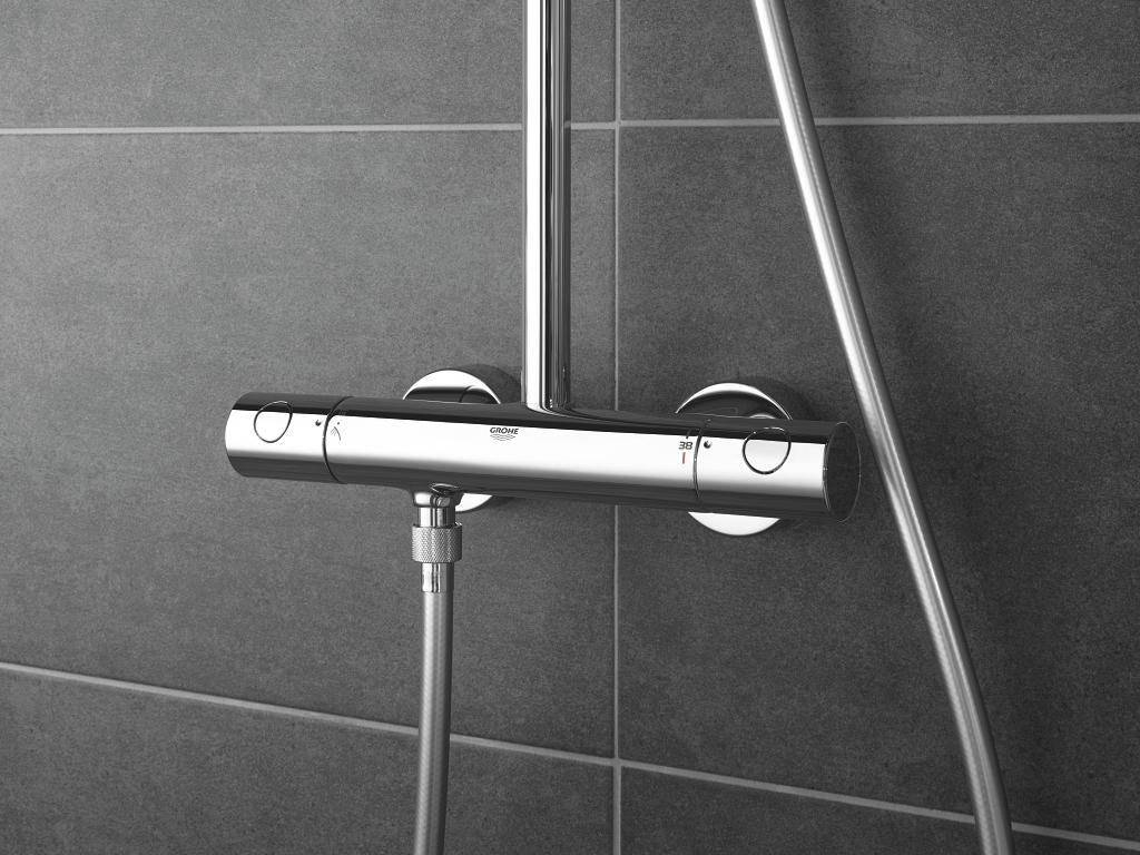 Grohe Tempesta Cosmopolitan System 250 Cube Chrome kompletni tuš sistem usponski bez izliva sa termostatstkim mešačem, ručnim tušem i četvrtastim nadglavnim tušem 26689000