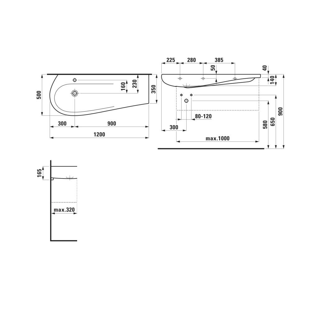 Laufen Il Bagno Alessi White LCC umivaonik (lavabo) 120x50x16,5 konzolni sa desnim zaravnjenjem i keramičkim poklopcem odlivnog ventila nezatvorivim 8.1497.3.400.109.1