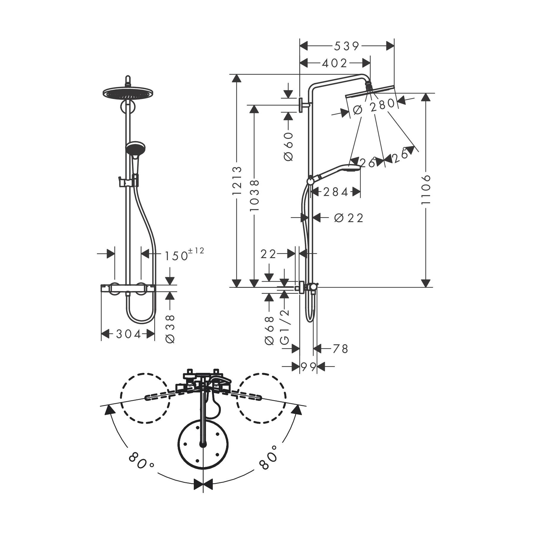 Hansgrohe Croma Select S 280 Matt Black tuš sistem usponski sa termostatskom baterijom, ručnim tuš setom i četvrtastim nadglavnim tušem 26891670