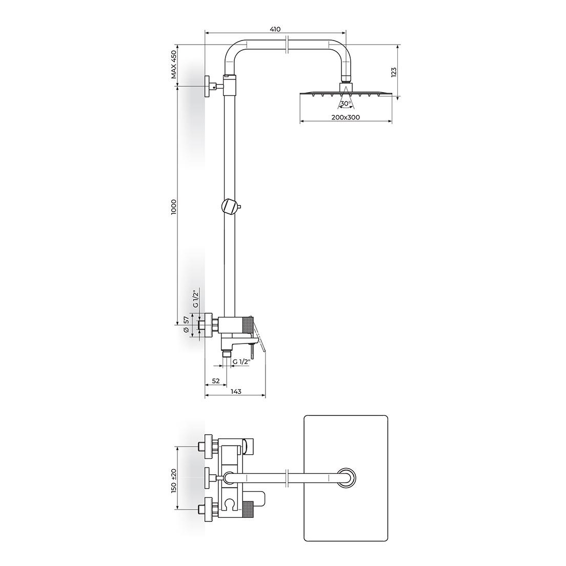 Rosan S2 200/300 Chrome tuš sistem usponski sa baterijom sa izlivom, ručnim tuš setom i četvrtastim nadglavnim tušem 237351