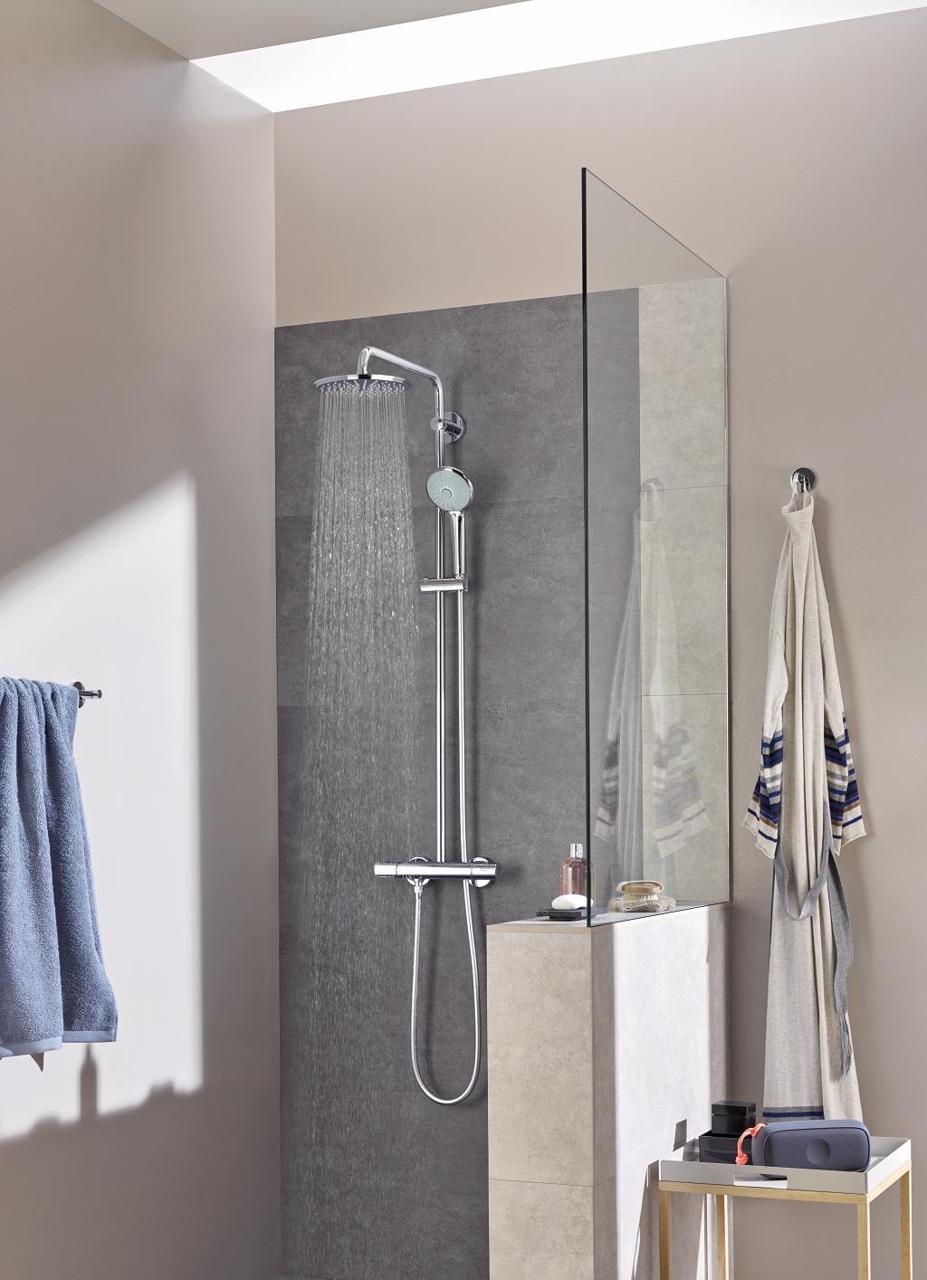 Grohe Euphoria System 310 Brushed Cool Sunrise tuš sistem usponski sa termostatskom baterijom ručnim tuš setom i okruglim nadglavnim tušem 26075GN0