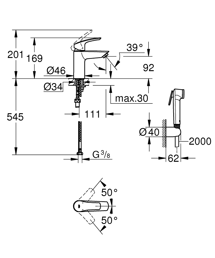 Grohe Eurosmart Chrome baterija (slavina) za umivaonik sa higijenskim tuš setom i odlivnim ventilom sifona push-open 92mm 23124003