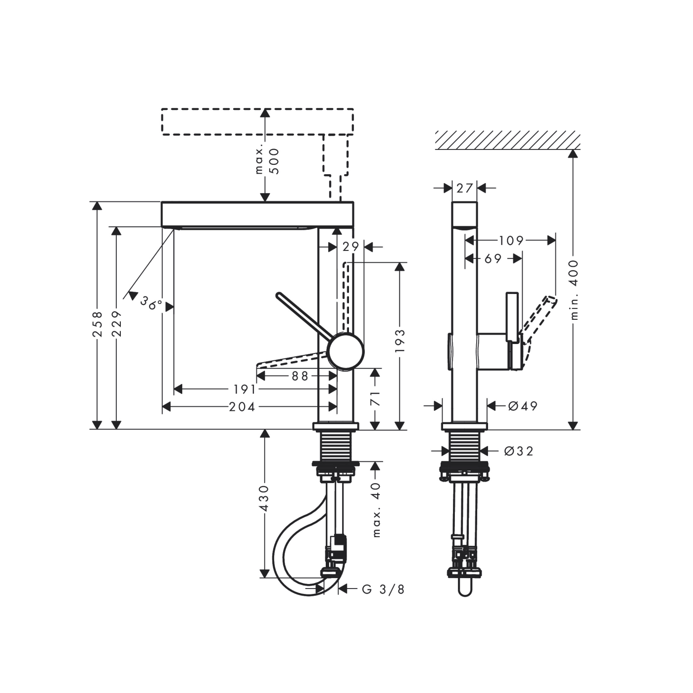 Hansgrohe Finoris  230 Matt Black baterija (slavina) za umivaonik sa izvlačećim tušem sa 2 mlaza i odlivnim ventilom sifona push-open 76063670