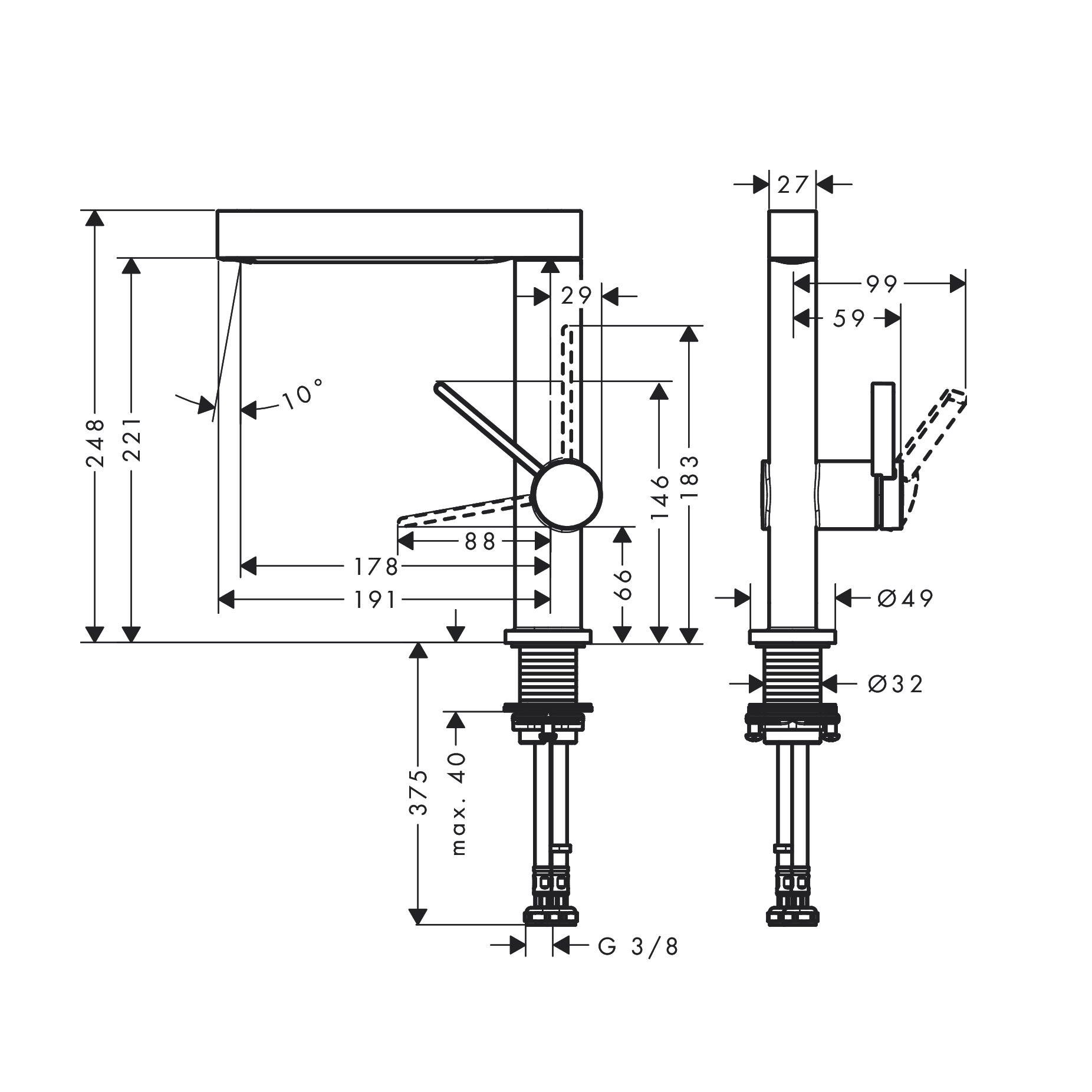 Hansgrohe Finoris 230 Matt Black baterija (slavina) za umivaonik sa odlivnim ventilom sifona push-open i pokretnim izlivom 76060670