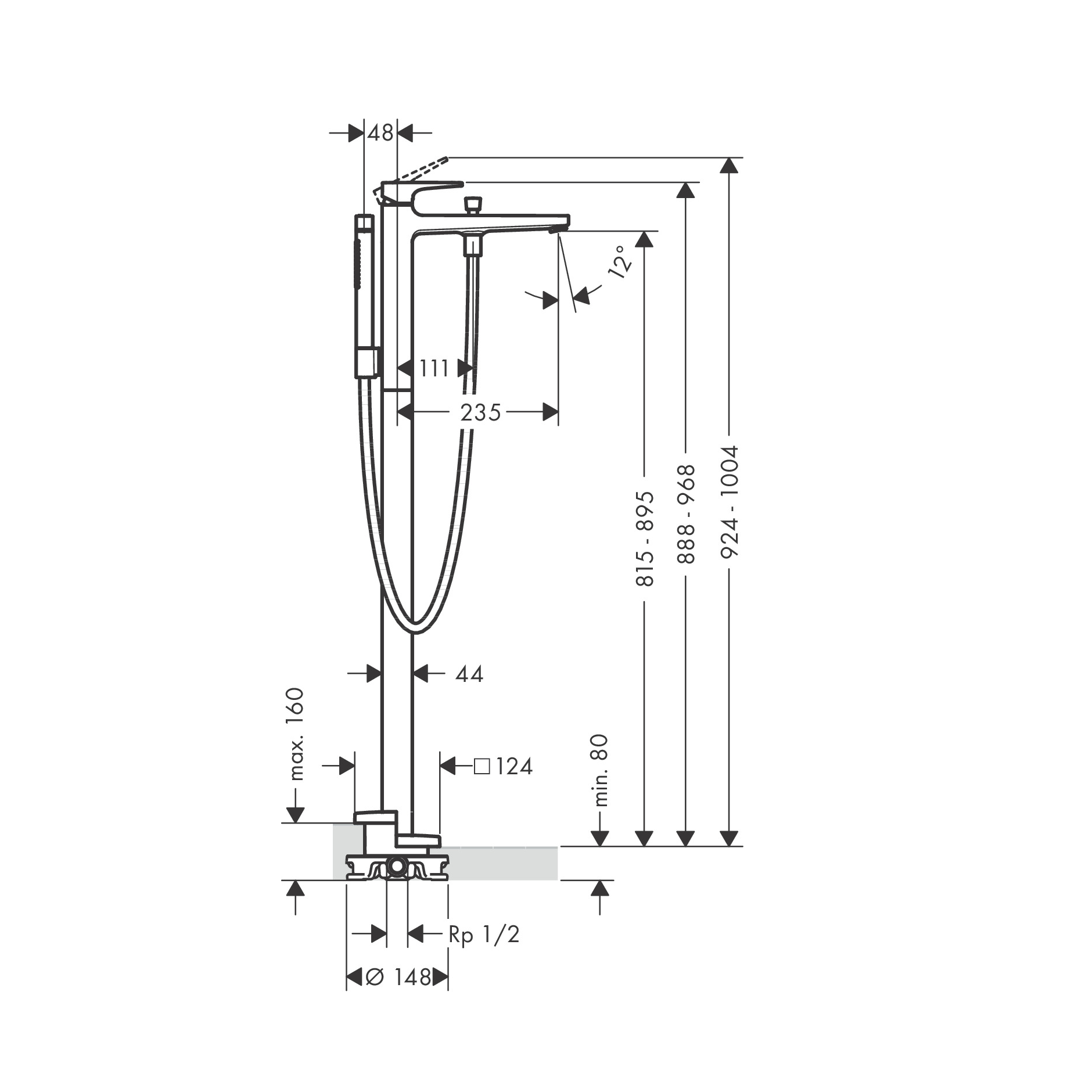 Hansgrohe Metropol Brushed Black Chrome baterija (slavina) za kadu podna sa ručnim tušem, držačem ručnog tuša i crevom 32532340