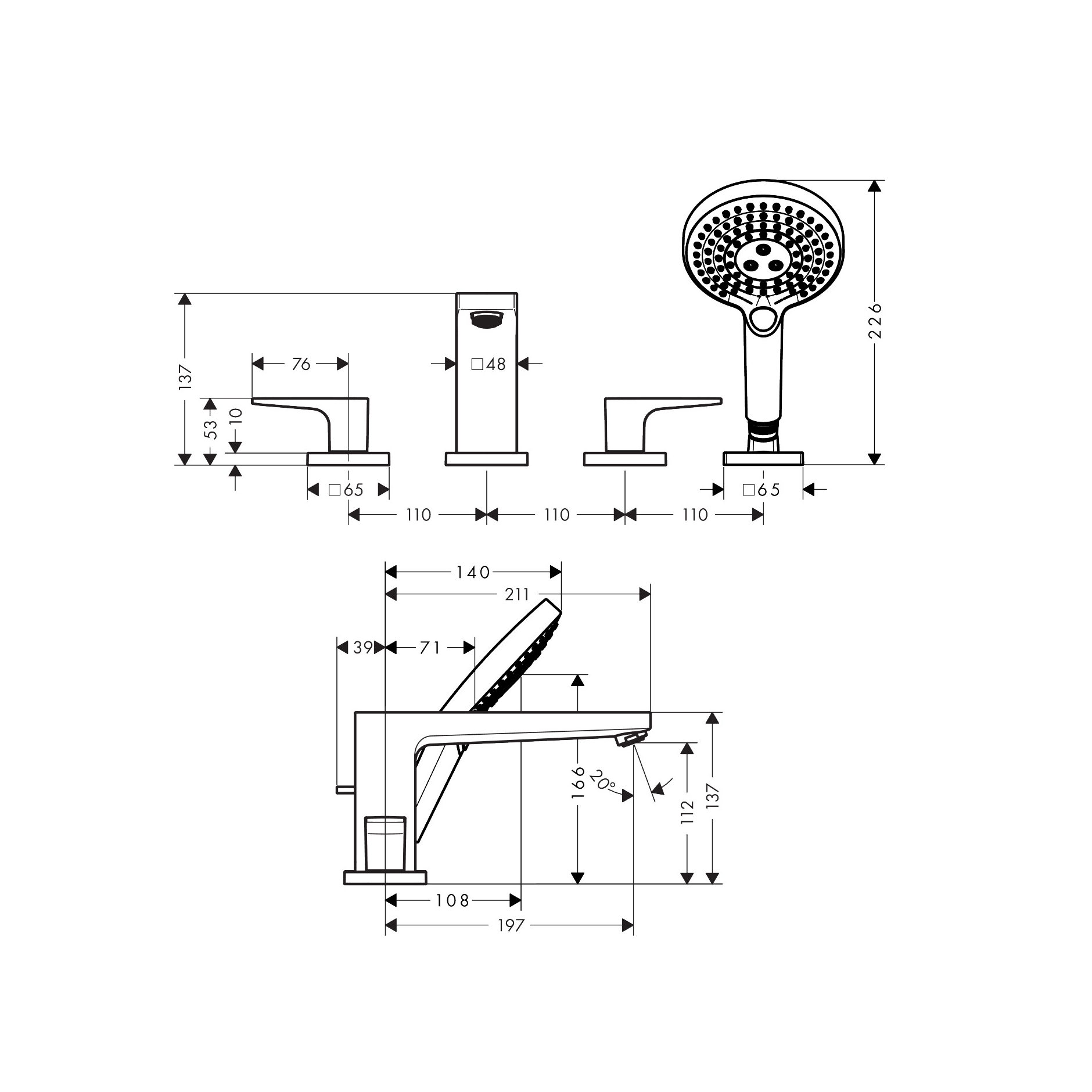 Hansgrohe Metropol Chrome baterija (slavina) za kadu dvoručna sa 4 otvora sa ručnim tušem RainDance Select S i držačem ručnog tuša 32553000