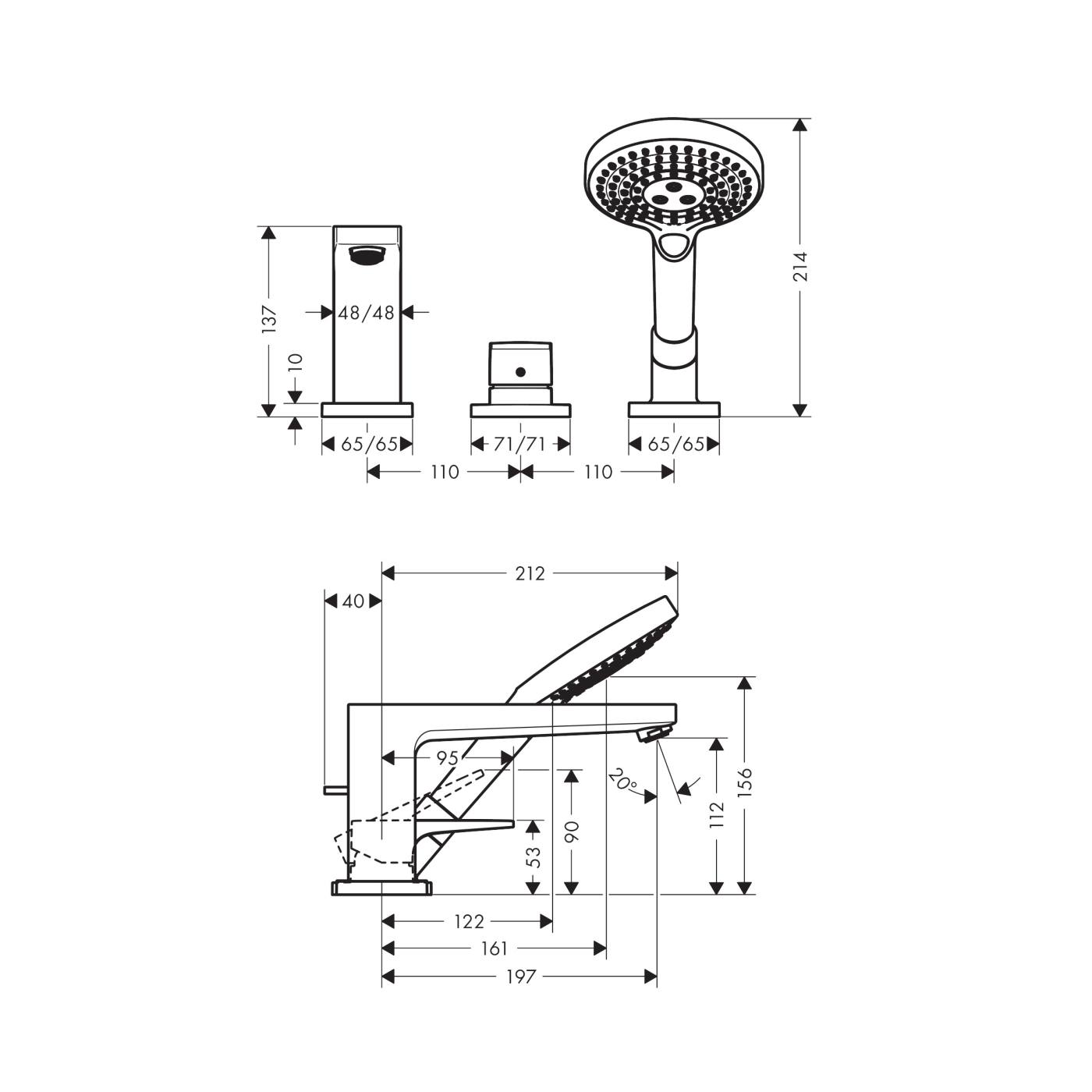 Hansgrohe Metropol Chrome baterija (slavina) za kadu sa 3 otvora sa ručnim tušem RainDance Select S i držačem ručnog tuša 32550000
