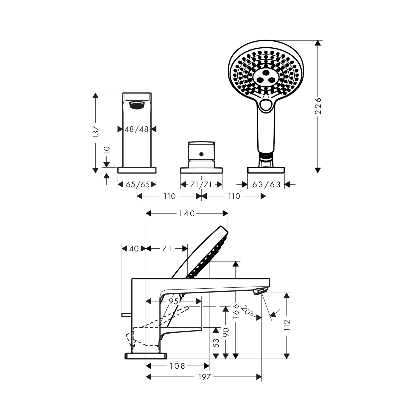 Hansgrohe Metropol Chrome baterija (slavina) za kadu sa 3 otvora sa ručnim tušem RainDance Select S i držačem ručnog tuša 32551000