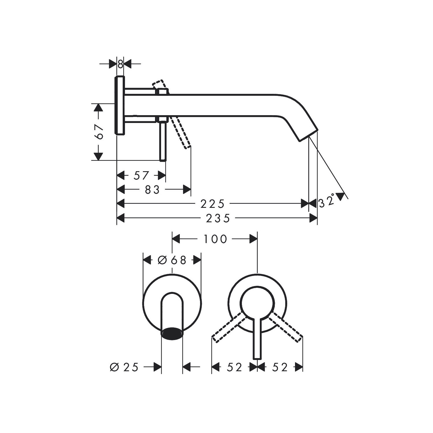 Hansgrohe Tecturis S 225 EcoSmart+ Chrome baterija (slavina) za umivaonik zidna sa odlivnim ventilom sifona nezatvorivim 73351000