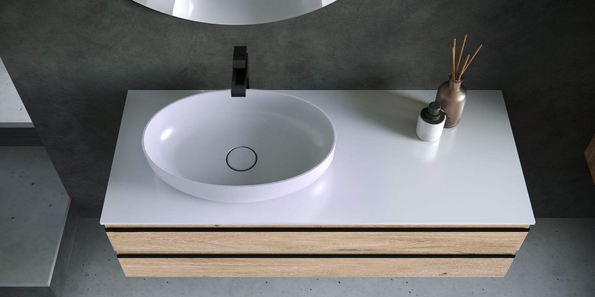 Kolpa San Alexis 60 Craft Wood ormar konzolni za nadgradni umivaonik 60x50x34,2 sa 2 fioke, Kerrock White pločom i sifonom 546260