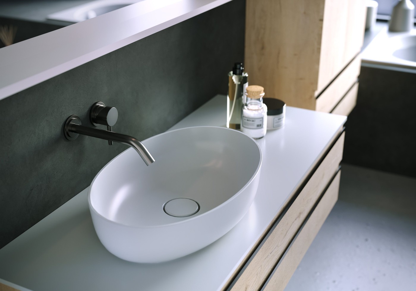 Kolpa San Alexis 60 Craft Wood ormar konzolni za nadgradni umivaonik 60x50x34,2 sa 2 fioke, Kerrock White pločom i sifonom 546260