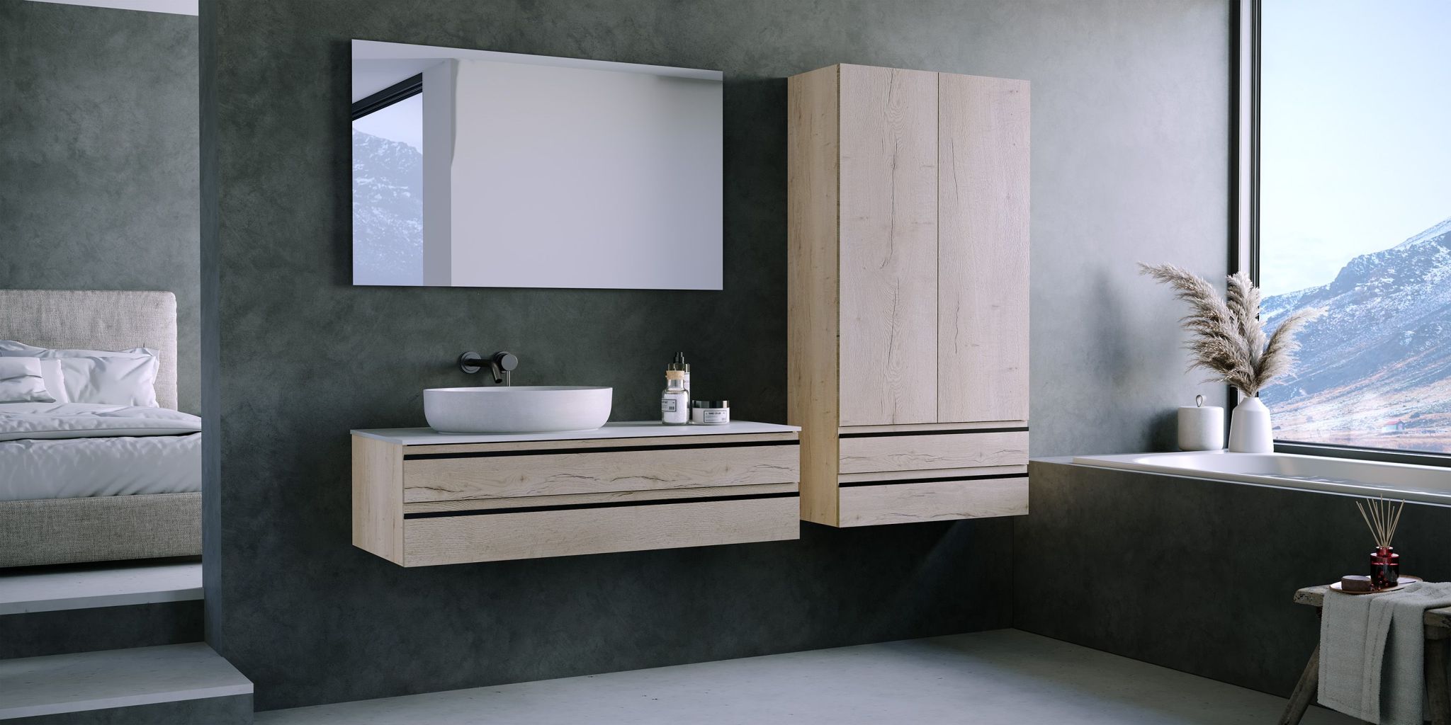 Kolpa San Alexis 60 Craft Wood ormar konzolni za nadgradni umivaonik 60x50x34,2 sa 2 fioke, Kerrock White pločom i sifonom 546260