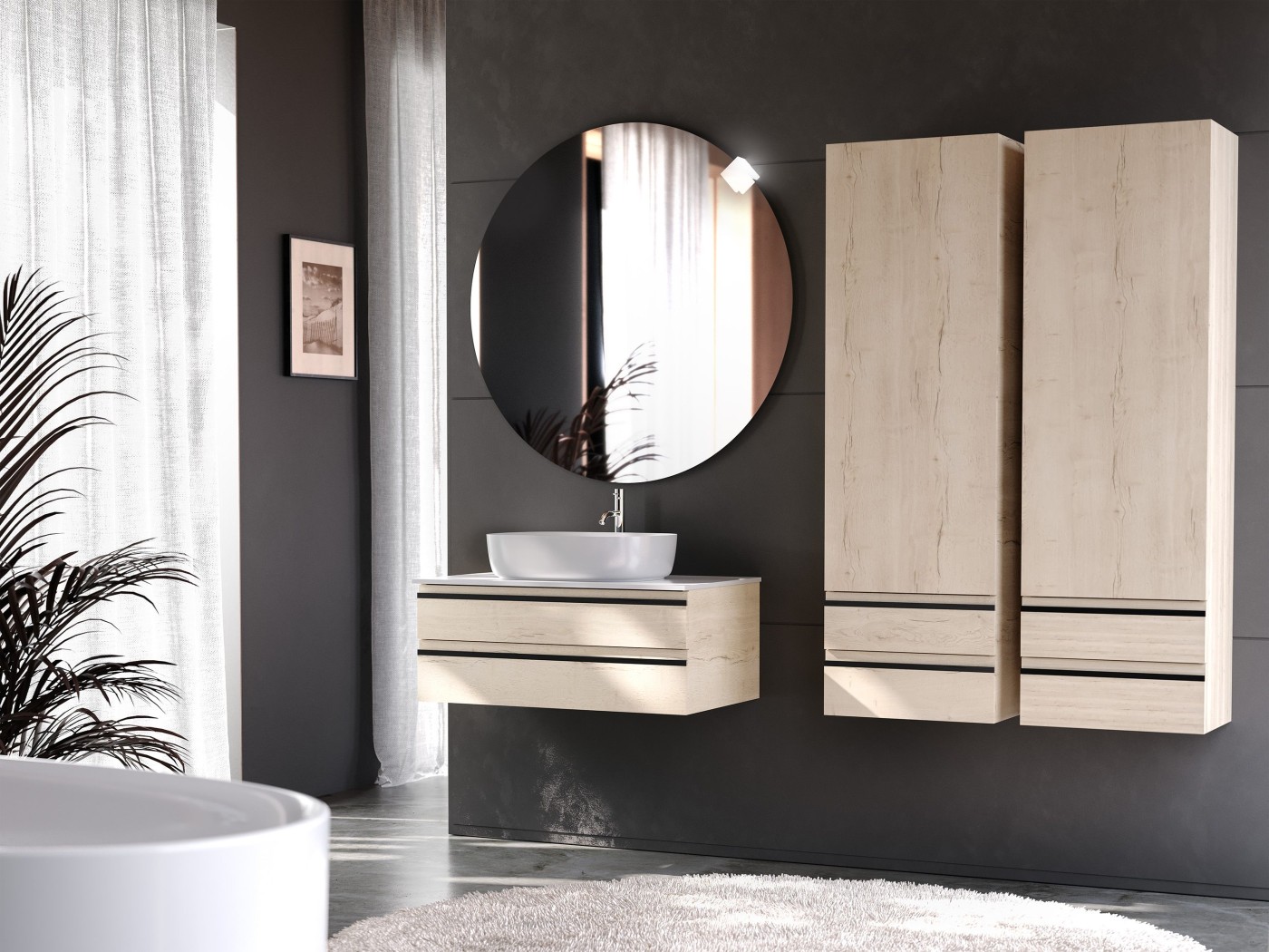 Kolpa San Alexis 60 Craft Wood ormar konzolni za nadgradni umivaonik 60x50x34,2 sa 2 fioke, Kerrock White pločom i sifonom 546260