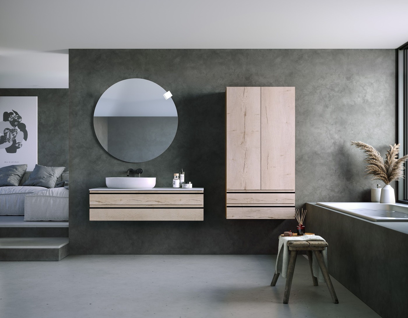 Kolpa San Alexis 60 Craft Wood ormar konzolni za nadgradni umivaonik 60x50x34,2 sa 2 fioke, Kerrock White pločom i sifonom 546260