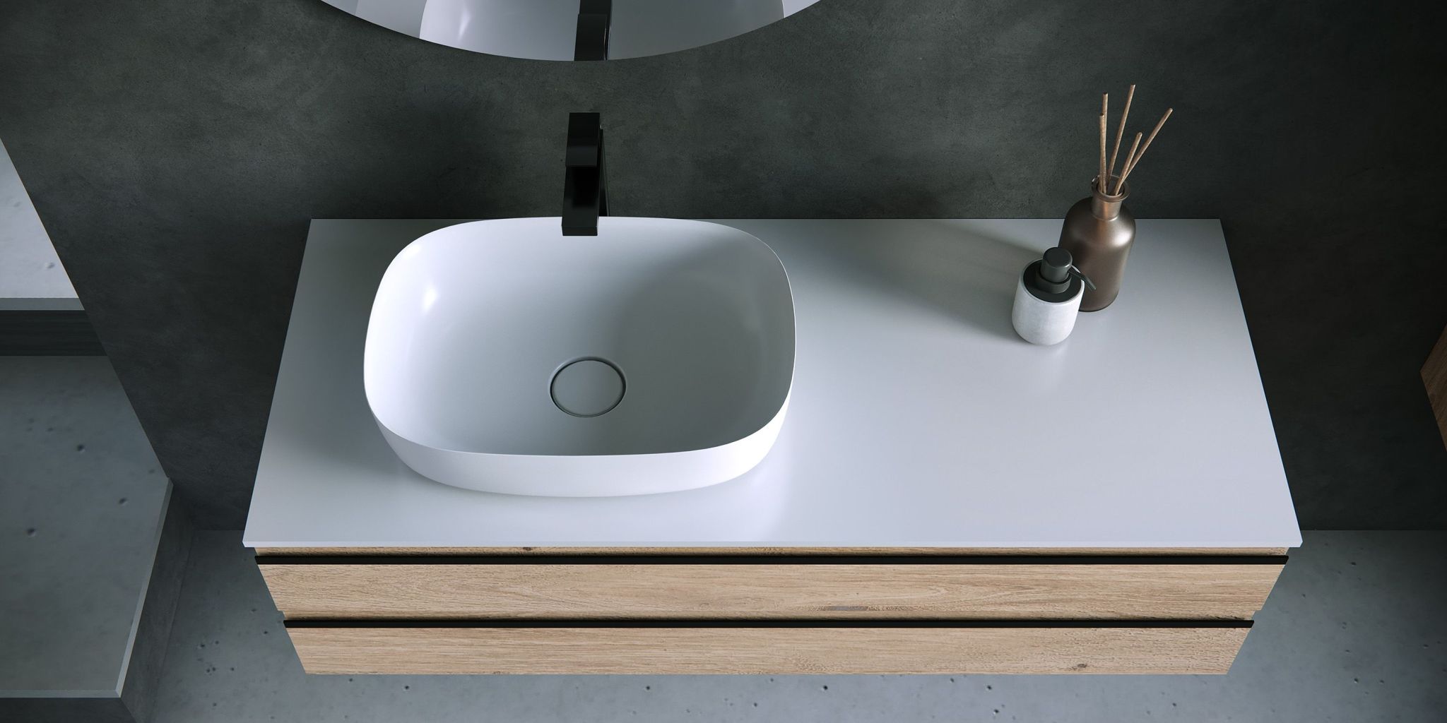 Kolpa San Alexis 60 Craft Wood ormar konzolni za nadgradni umivaonik 60x50x34,2 sa 2 fioke, Kerrock White pločom i sifonom 546260