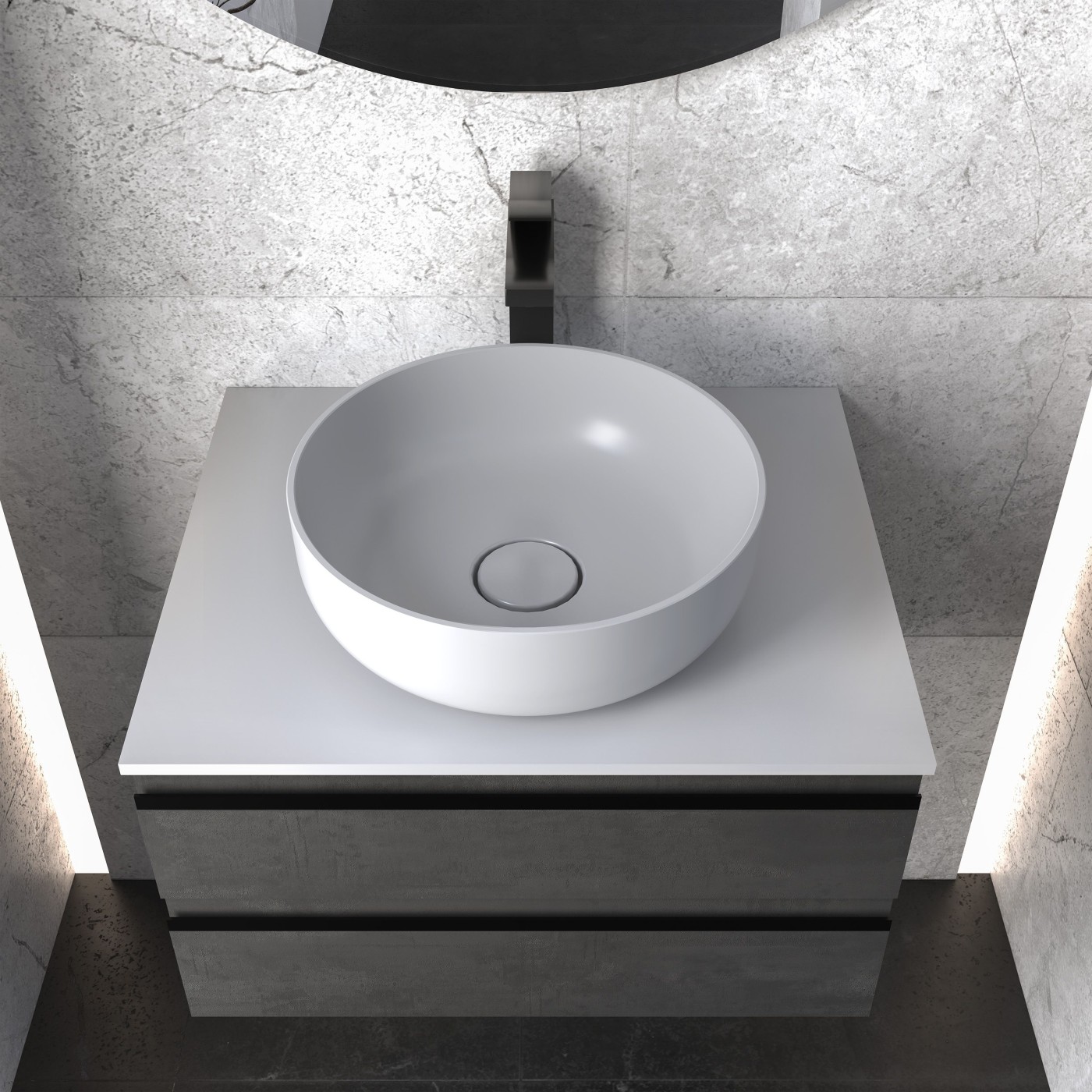 Kolpa San Alexis 60 Dark Concrete ormar konzolni za nadgradni umivaonik 60x50x34,2 sa 2 fioke, Kerrock White pločom i sifonom 547170