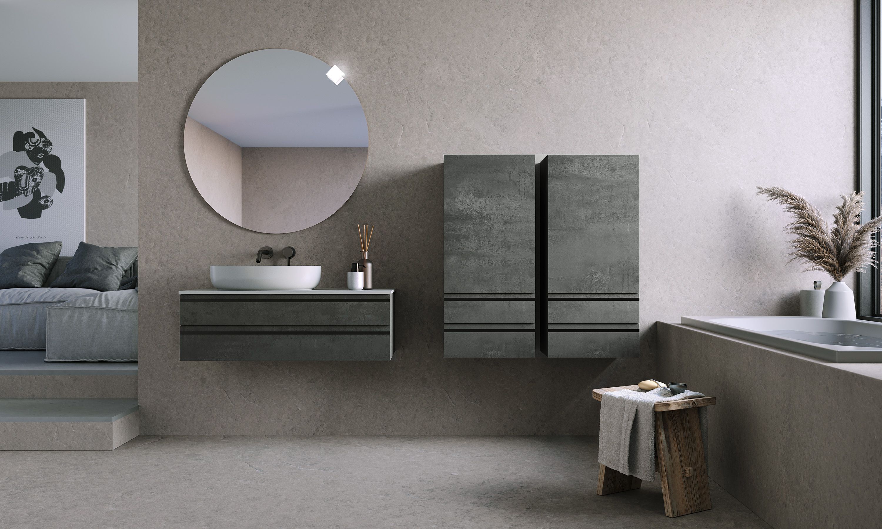 Kolpa San Alexis 60 Dark Concrete ormar konzolni za nadgradni umivaonik 60x50x34,2 sa 2 fioke, Kerrock White pločom i sifonom 547170