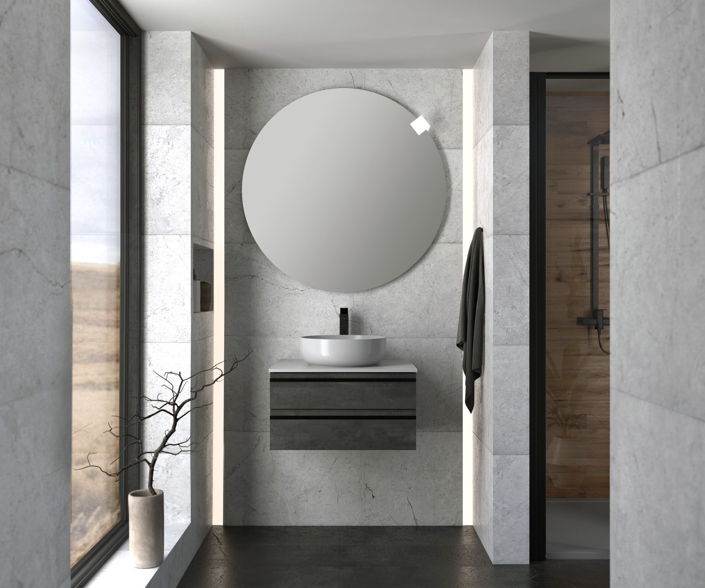 Kolpa San Alexis 60 Dark Concrete ormar konzolni za nadgradni umivaonik 60x50x34,2 sa 2 fioke, Kerrock White pločom i sifonom 547170