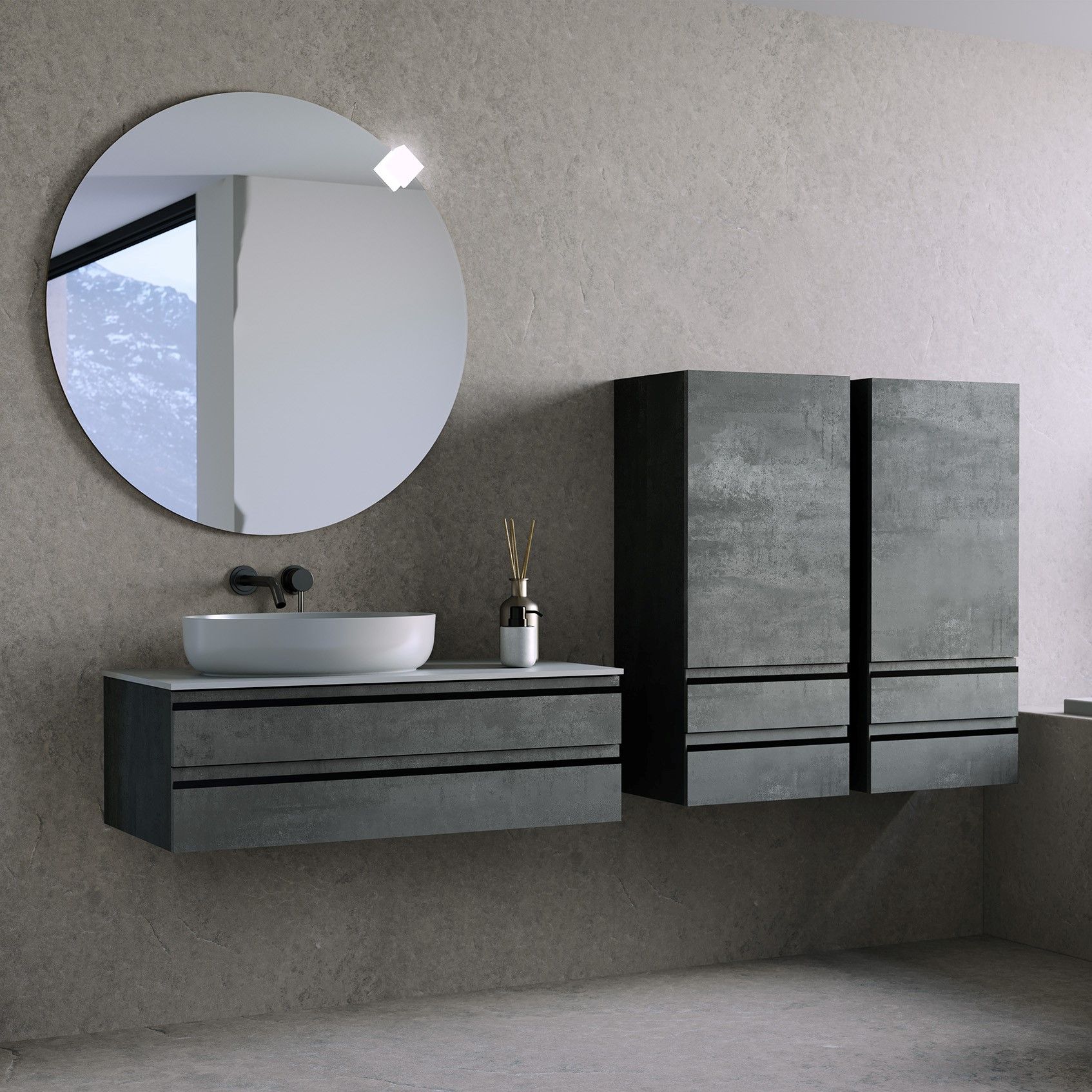 Kolpa San Alexis 60 Dark Concrete ormar konzolni za nadgradni umivaonik 60x50x34,2 sa 2 fioke, Kerrock White pločom i sifonom 547170