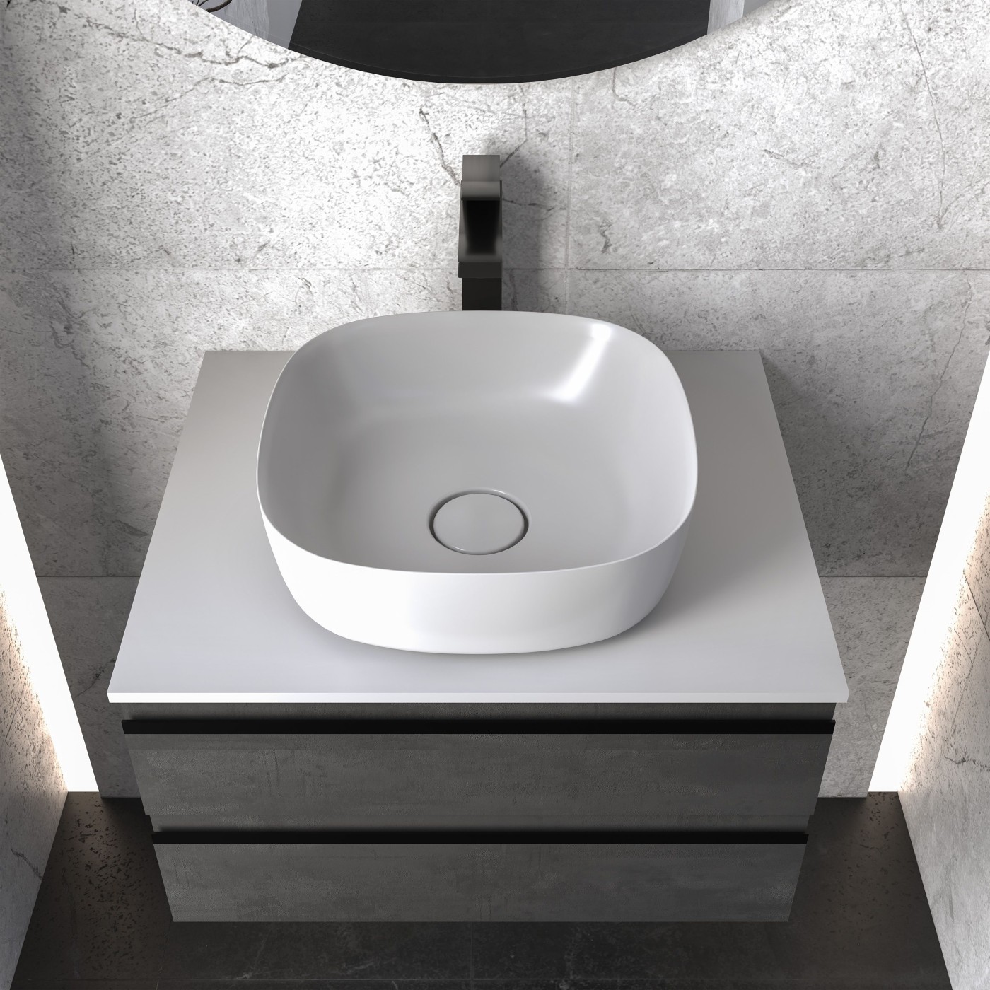 Kolpa San Alexis 60 Dark Concrete ormar konzolni za nadgradni umivaonik 60x50x34,2 sa 2 fioke, Kerrock White pločom i sifonom 547170